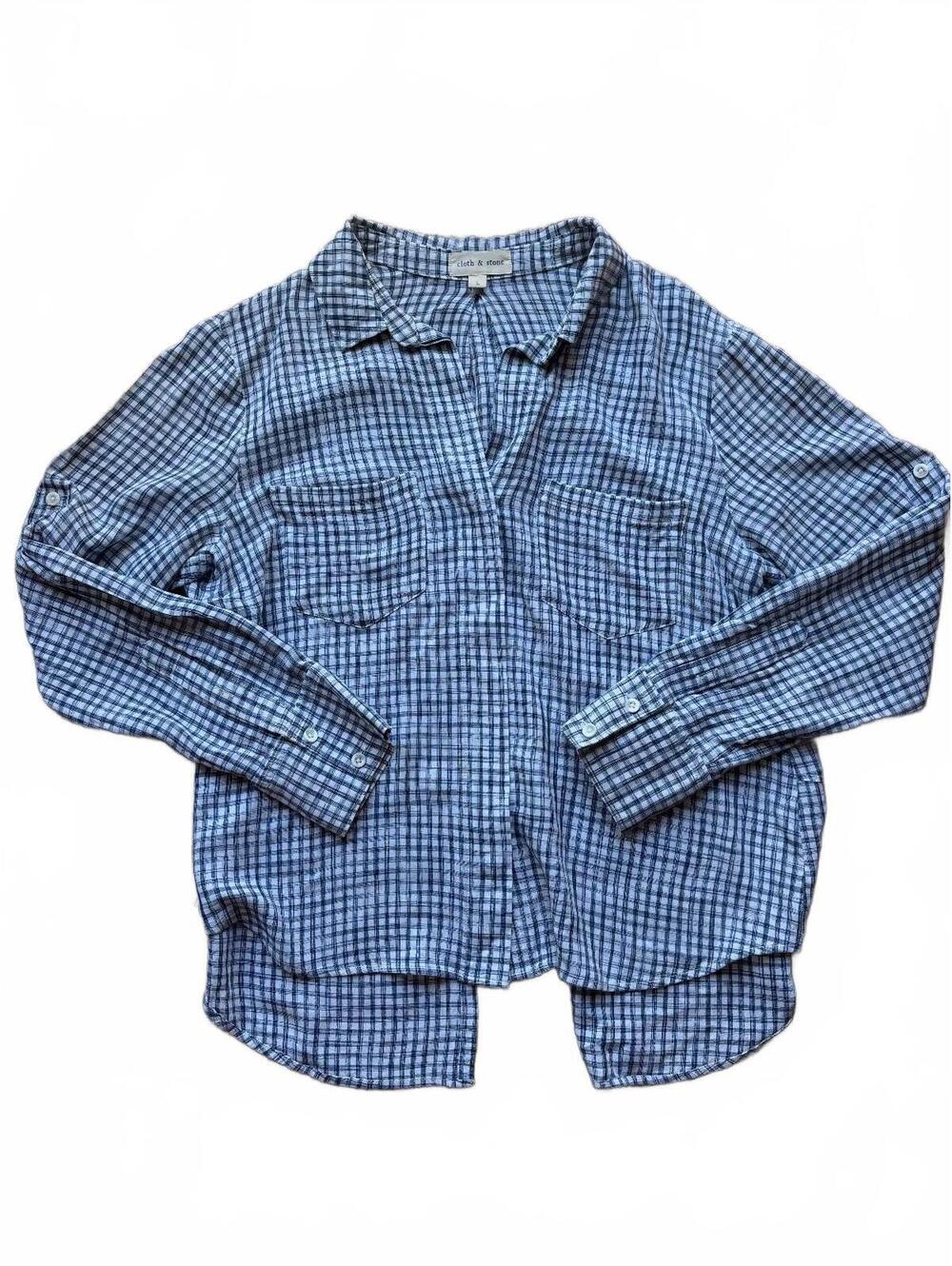 Cloth & Stone Blue Gingham Split-Back Blouse Size L